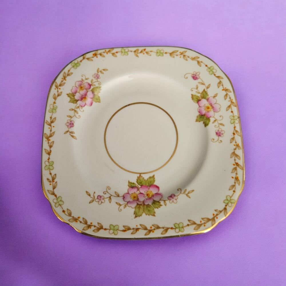 Sutherland Bone China Floral Square Tea Cup Saucer Pink Flowers England